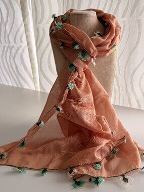 Traditional Turkish Oya Lace Edged Scarf Long Rectangular Beige, Blue & Creme